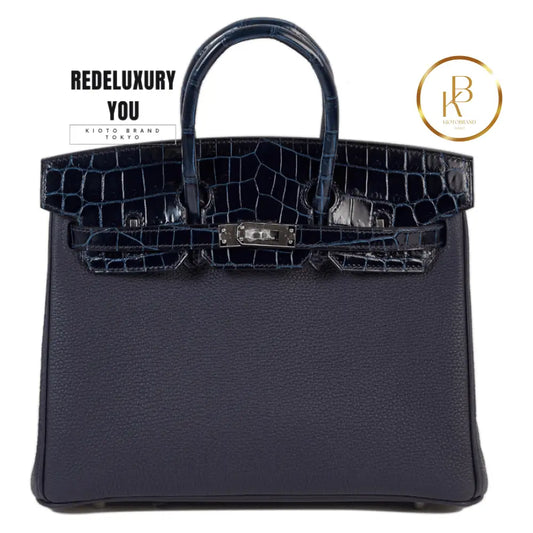 Birkin Touch 25 Blue Baltique Shiny Nile Croc & Nuit Togo