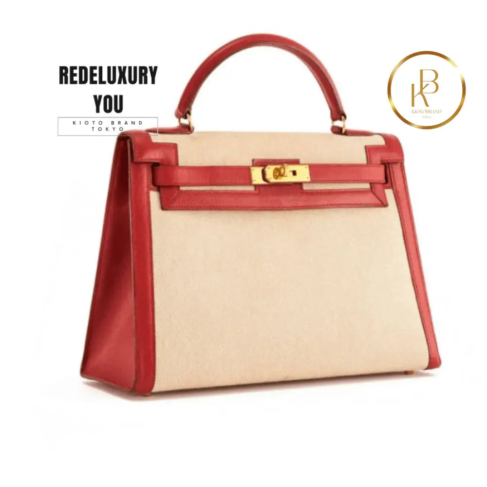 Rare Hermes Kelly 32 Rouge Toile