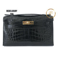 Mini Kelly Pochette Black Shiny Alligator Gold Hardware
