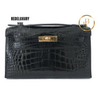 Mini Kelly Pochette Black Shiny Alligator Gold Hardware