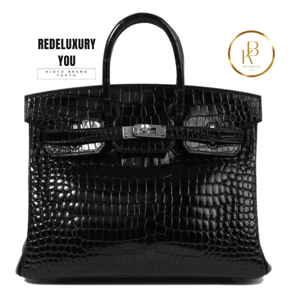 Birkin 25 Shiny Porosus Croc Black Palladium