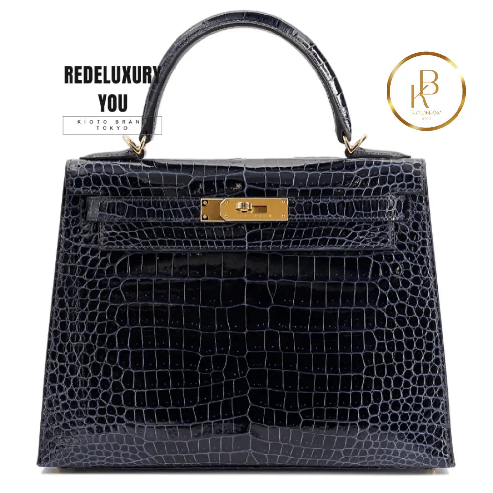 Kelly 28 Sellier Porosus Croc Bleu Baltique