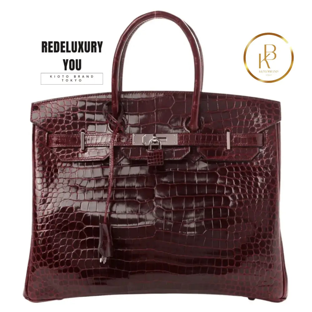 Birkin 35 Burgundy Red Shiny Porosus Crocodile