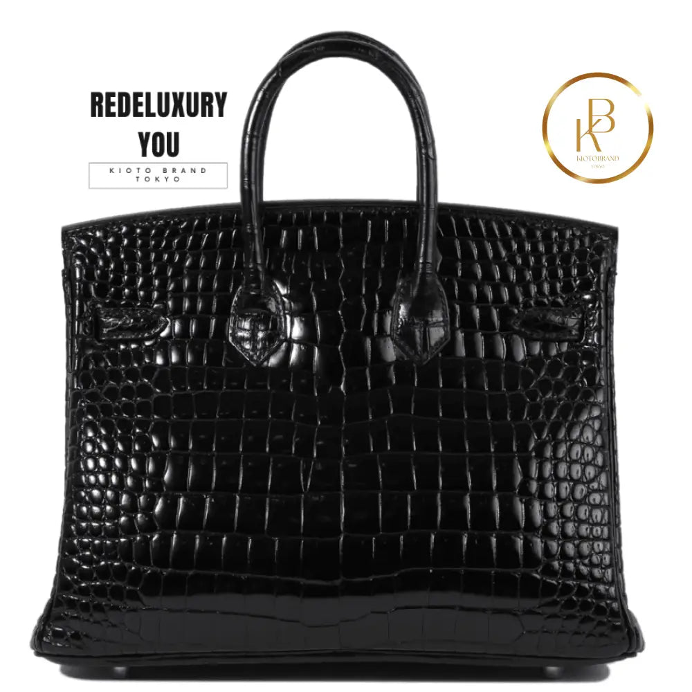 Birkin 25 Shiny Porosus Croc Black Palladium