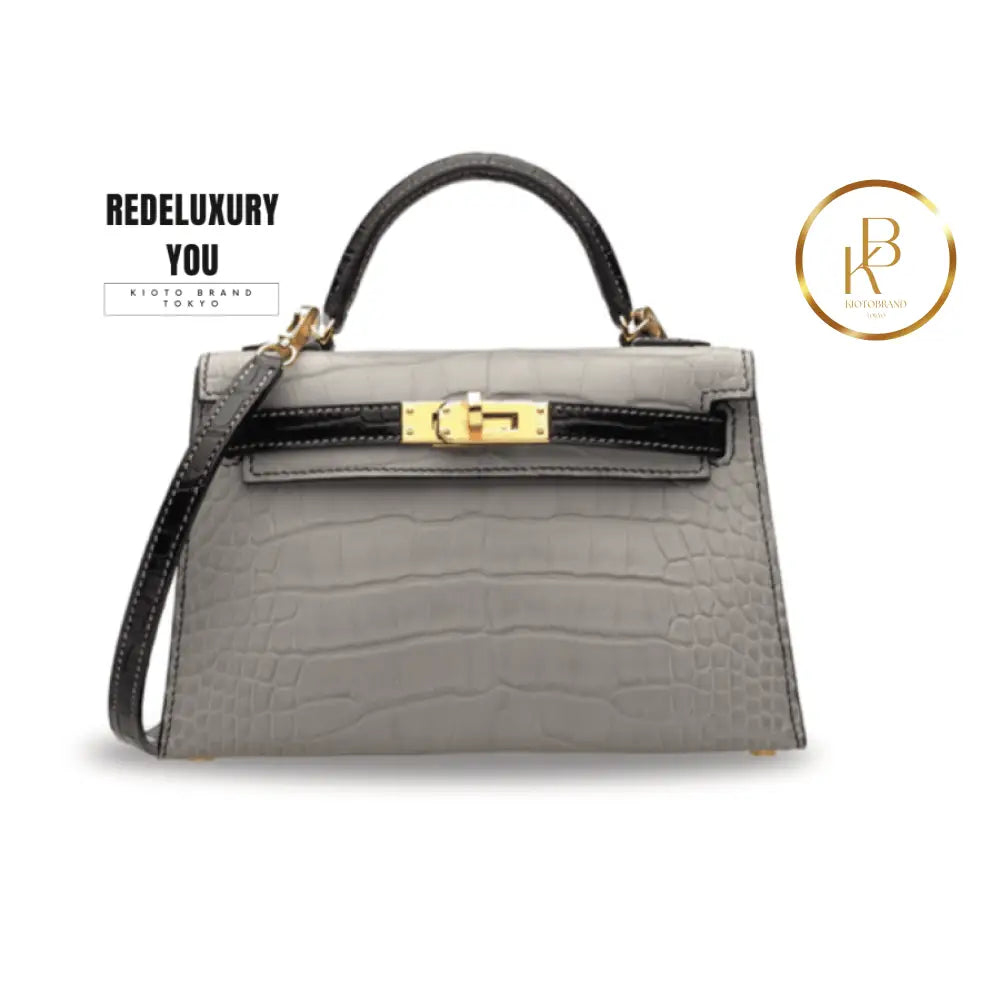 Kelly 20 Mini Gris Perle & Black Matte Alligator