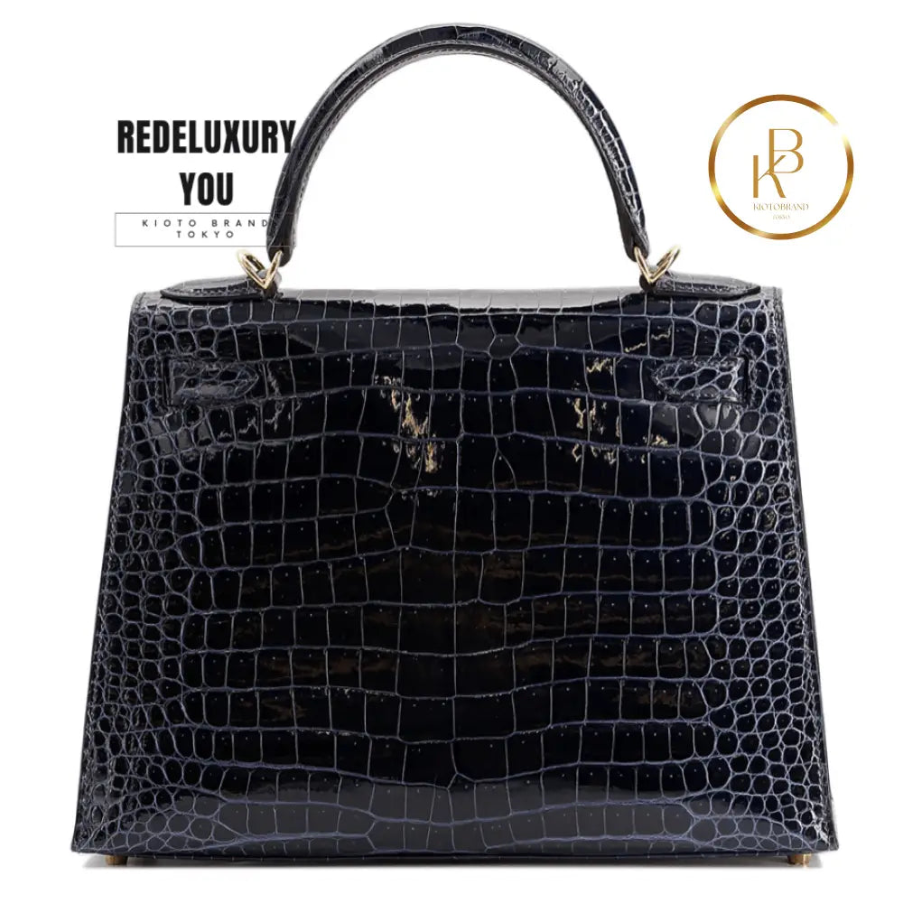 Kelly 28 Sellier Porosus Croc Bleu Baltique