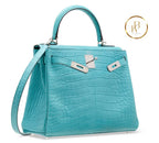 Kelly 28 Retourne Matte Bleu Cyr Alligator Palladium handbags