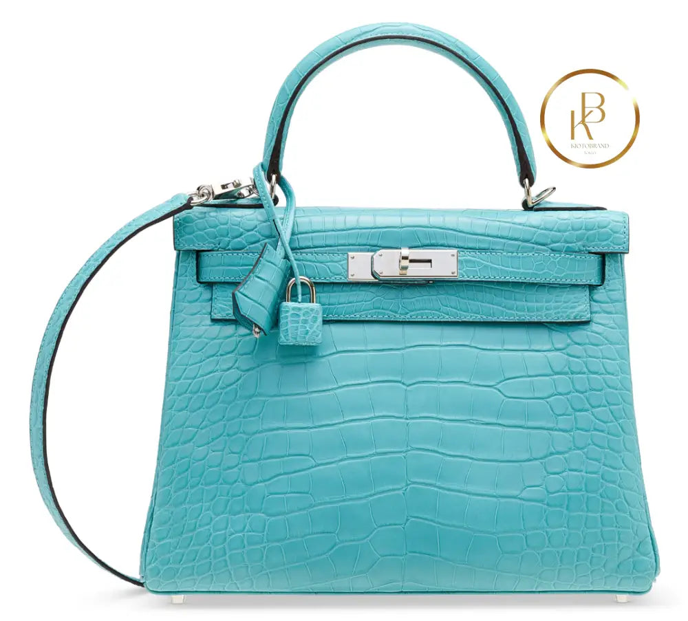 Kelly 28 Retourne Matte Bleu Cyr Alligator Palladium handbags