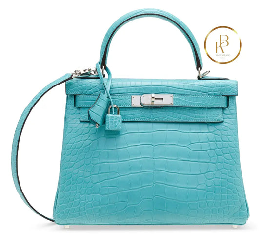 Kelly 28 Retourne Matte Bleu Cyr Alligator Palladium handbags