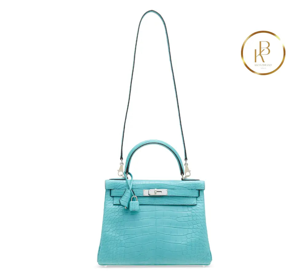 Kelly 28 Retourne Matte Bleu Cyr Alligator Palladium handbags