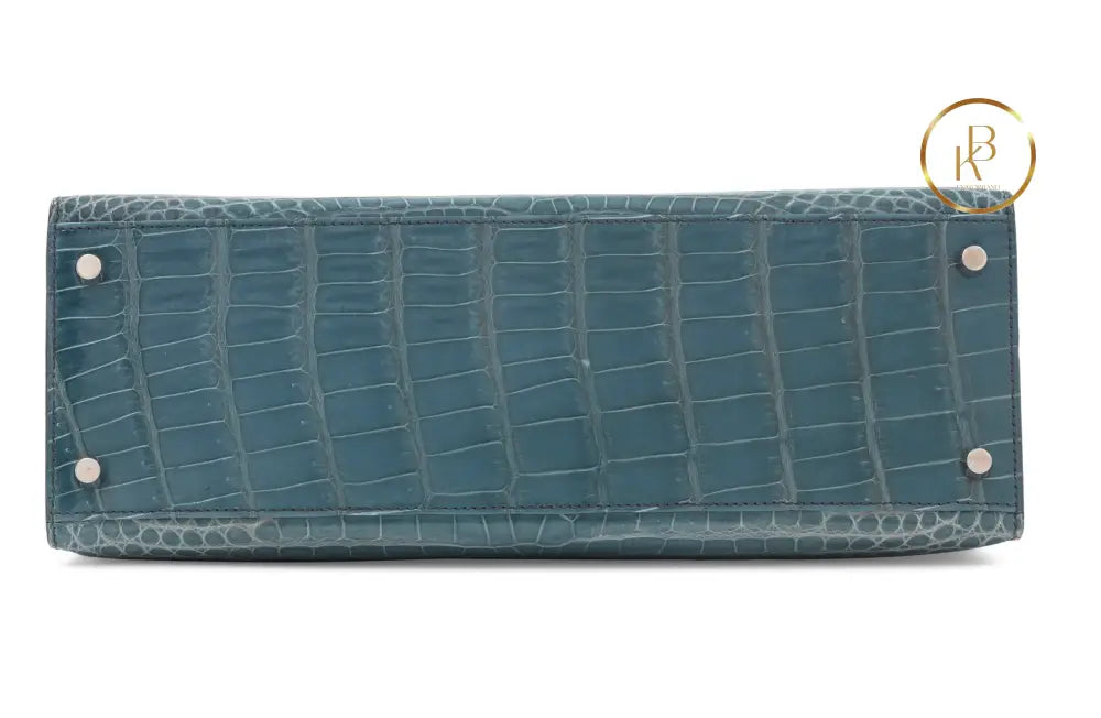 Kelly 32 Shiny Bleu Jean Porosus Croco Sellier 18K Yellow Gold & Diamond Hardware - handbags