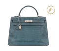 Kelly 32 Shiny Bleu Jean Porosus Croco Sellier 18K Yellow Gold & Diamond Hardware - handbags