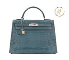Kelly 32 Shiny Bleu Jean Porosus Croco Sellier 18K Yellow Gold & Diamond Hardware - handbags