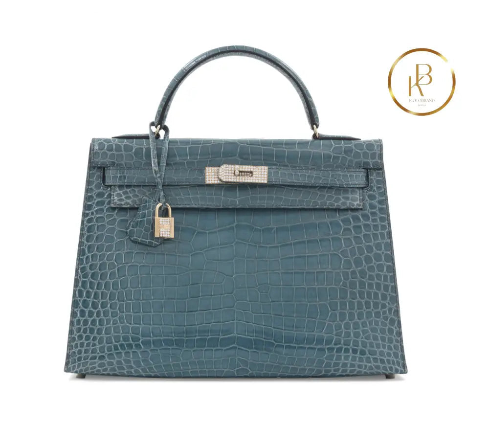 Kelly 32 Shiny Bleu Jean Porosus Croco Sellier 18K Yellow Gold & Diamond Hardware - handbags