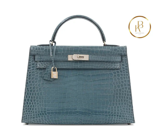Kelly 32 Shiny Bleu Jean Porosus Croco Sellier 18K Yellow Gold & Diamond Hardware - handbags