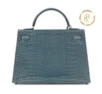Kelly 32 Shiny Bleu Jean Porosus Croco Sellier 18K Yellow Gold & Diamond Hardware - handbags