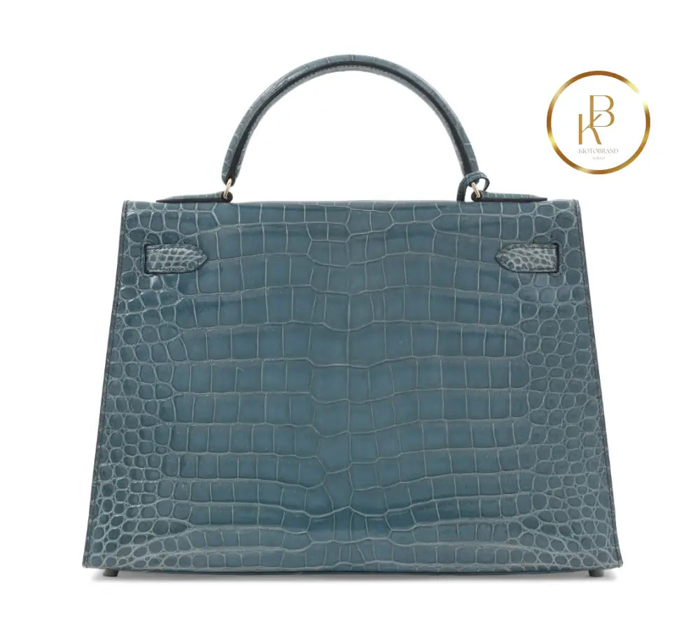 Kelly 32 Shiny Bleu Jean Porosus Croco Sellier 18K Yellow Gold & Diamond Hardware - handbags