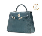 Kelly 32 Shiny Bleu Jean Porosus Croco Sellier 18K Yellow Gold & Diamond Hardware - handbags