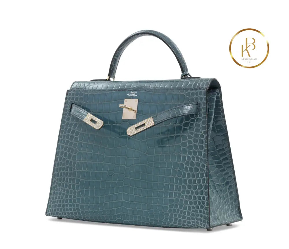 Kelly 32 Shiny Bleu Jean Porosus Croco Sellier 18K Yellow Gold & Diamond Hardware - handbags