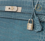 Kelly 32 Shiny Bleu Jean Porosus Croco Sellier 18K Yellow Gold & Diamond Hardware - handbags