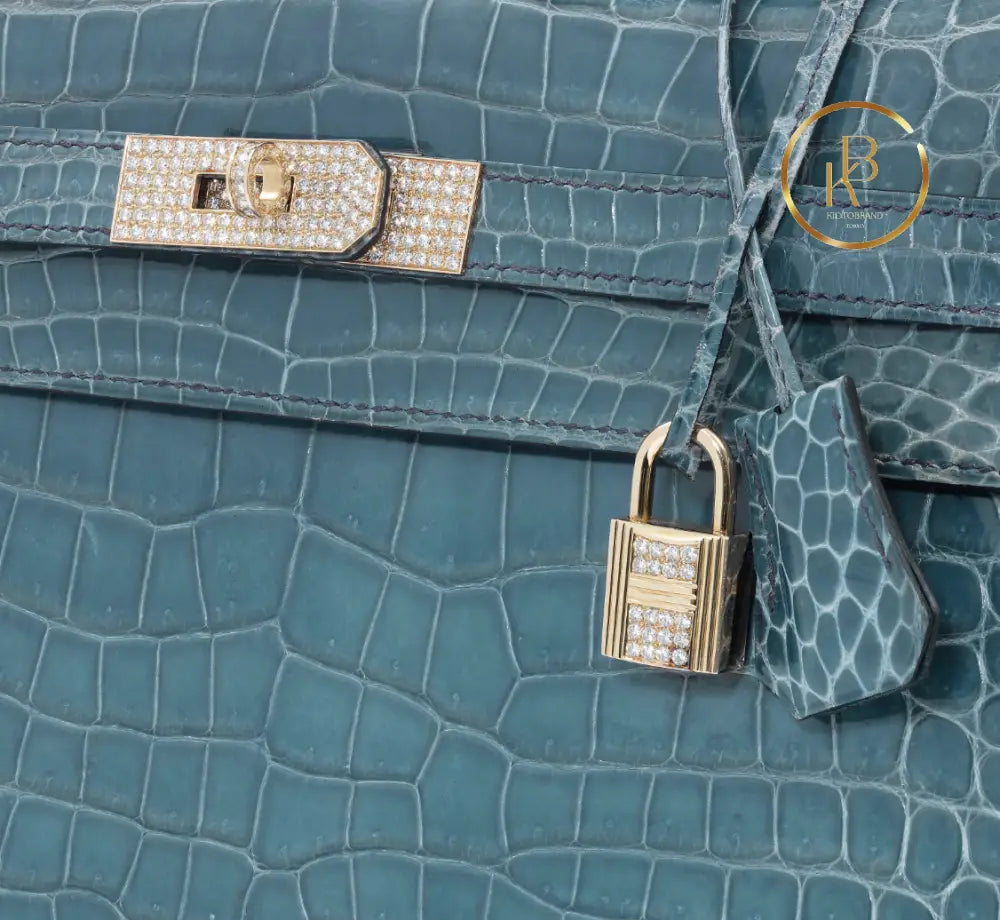 Kelly 32 Shiny Bleu Jean Porosus Croco Sellier 18K Yellow Gold & Diamond Hardware - handbags