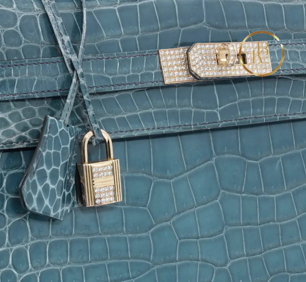Kelly 32 Shiny Bleu Jean Porosus Croco Sellier 18K Yellow Gold & Diamond Hardware - handbags
