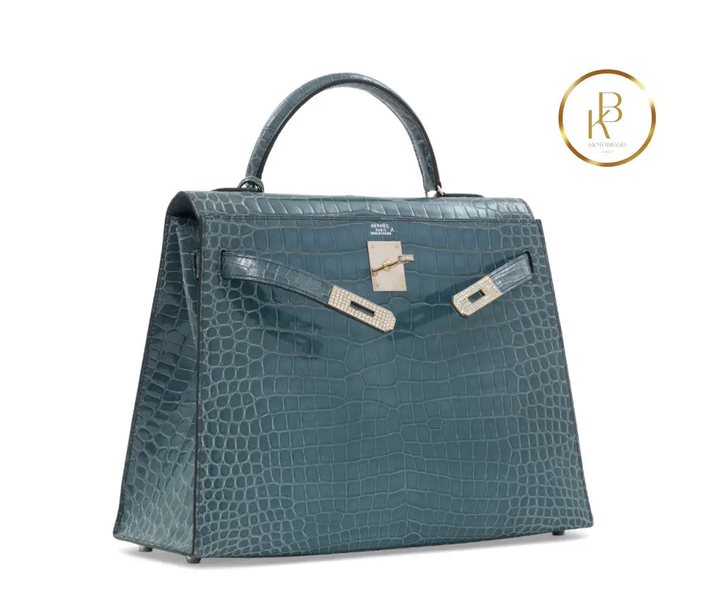 Kelly 32 Shiny Bleu Jean Porosus Croco Sellier 18K Yellow Gold & Diamond Hardware - handbags