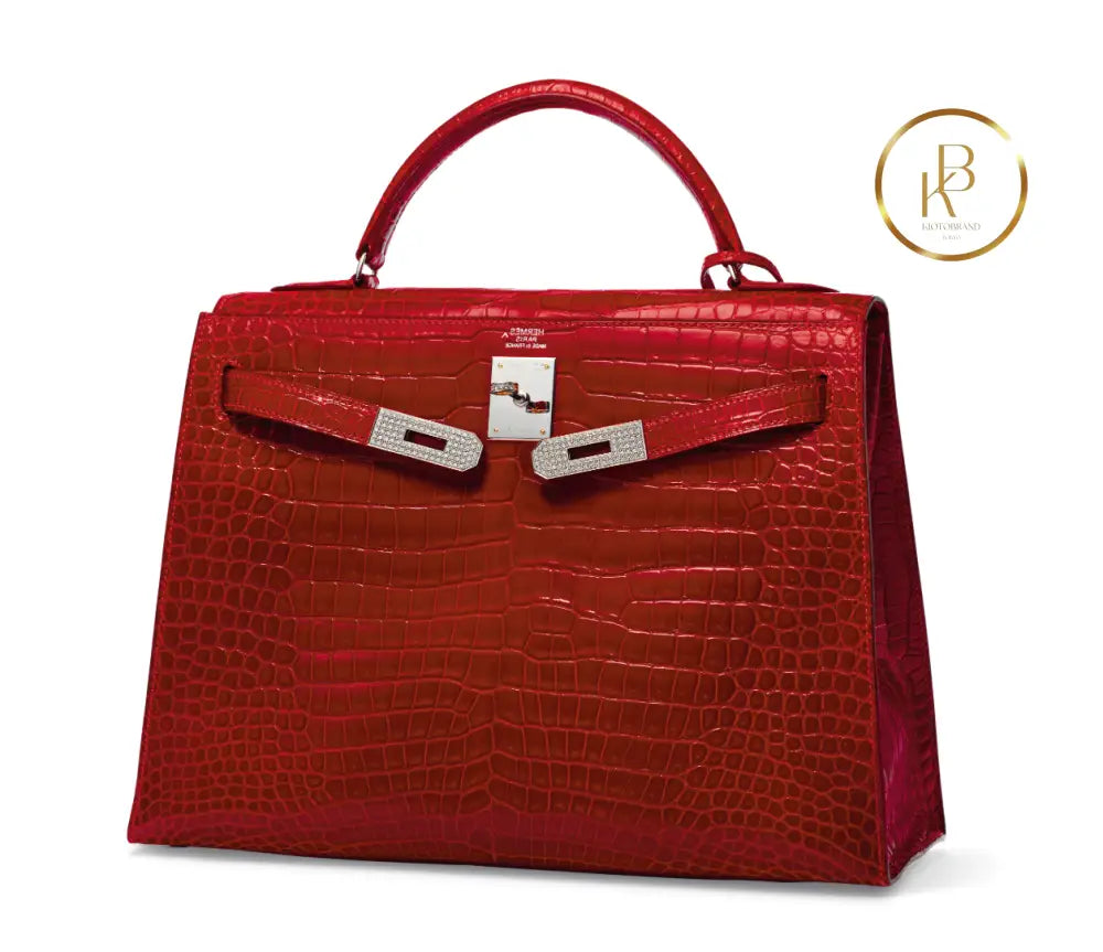 Kelly 32 Shiny Braise Porosus croco Sellier 18K White Gold & Diamond hardware - handbags
