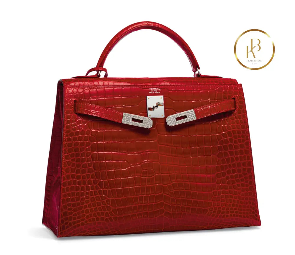 Kelly 32 Shiny Braise Porosus croco Sellier 18K White Gold & Diamond hardware - handbags