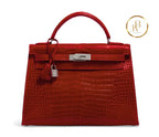 Kelly 32 Shiny Braise Porosus croco Sellier 18K White Gold & Diamond hardware - handbags