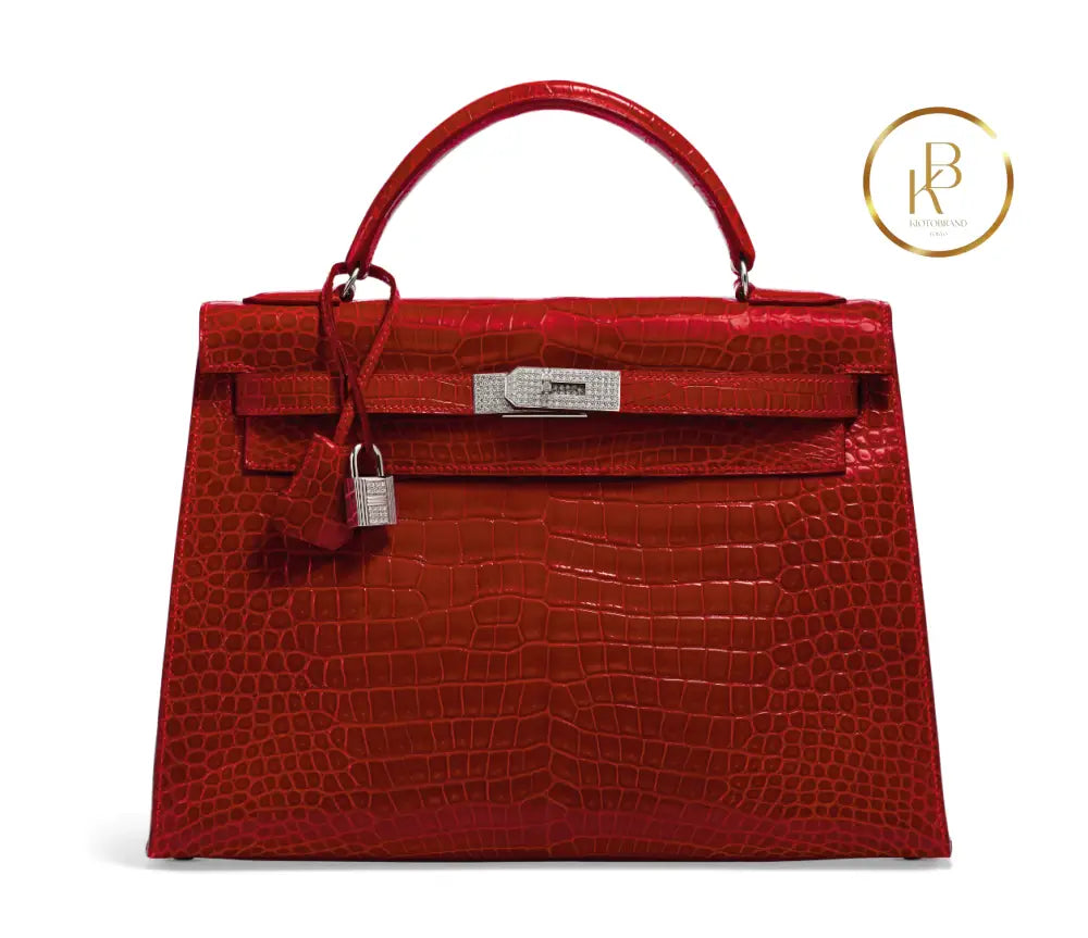 Kelly 32 Shiny Braise Porosus croco Sellier 18K White Gold & Diamond hardware - handbags