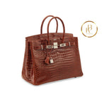 Birkin 35 Shiny Miel Porosus Croc 18K White Gold & Diamond Hardware Handbags